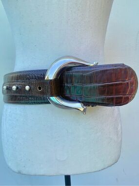 Brian Toohey Brown Croc Embossed Genuine Leather & Silver Buckle Belt Small